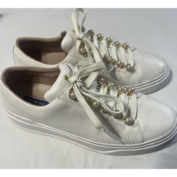 Stuart Weitzman Shoes - Stuart Weitzman Womens Size 7 Excelsa Leather Fashion Sneaker White Pearl Accent